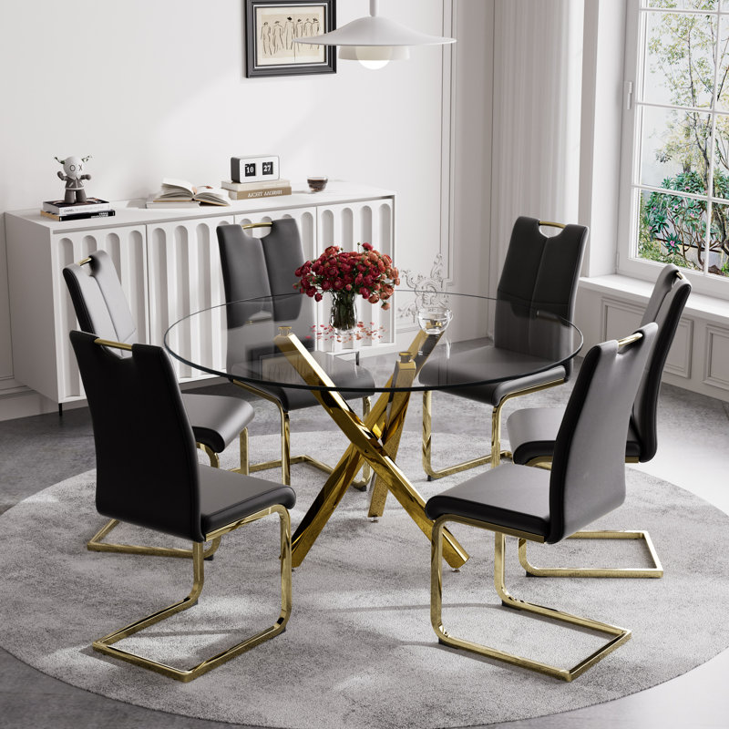 7 Piece Dining Set, Dining Table and 6 Dining Chair, Black/Gold, Gold, 29.52" H x 47.2" L x 47.2" W