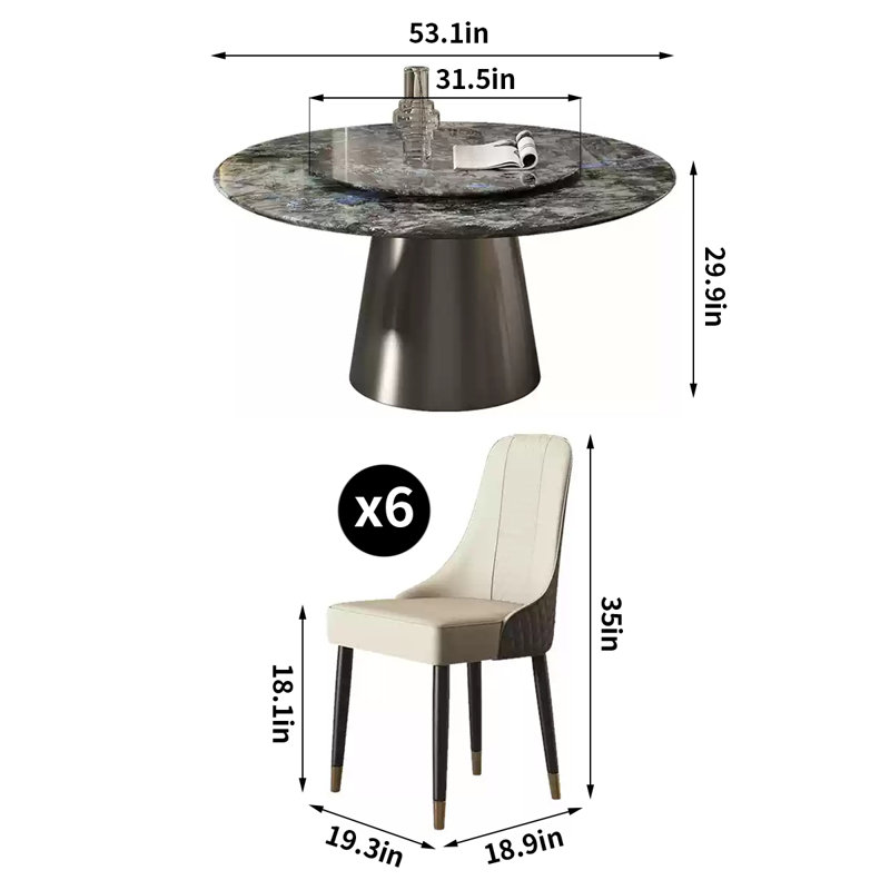 Table de salle à manger Elegant, 7 pièces : table, 6 chaises, H 29,9 po x L 53,1 po x l 53,1 po