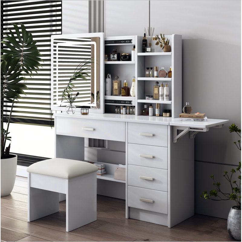Bureau de coiffeuse avec miroir lumineux à DEL, coiffeuse de maquillage avec 11 tiroirs, 3 modes d'éclairage couleur réglables en luminosité, câblage caché, coiffeuse pour chambre à coucher