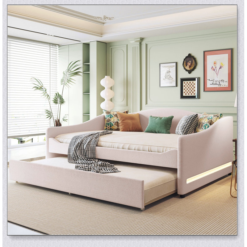 Upholstered Daybed With Light And Trundle, Beige, Full