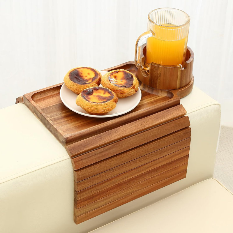 Couch Cup Holder Tray, Acacia Wood Couch Armrest Table with 360° Ratated Phone Holder, 18.9"W x 13"D x 1"H, Brown