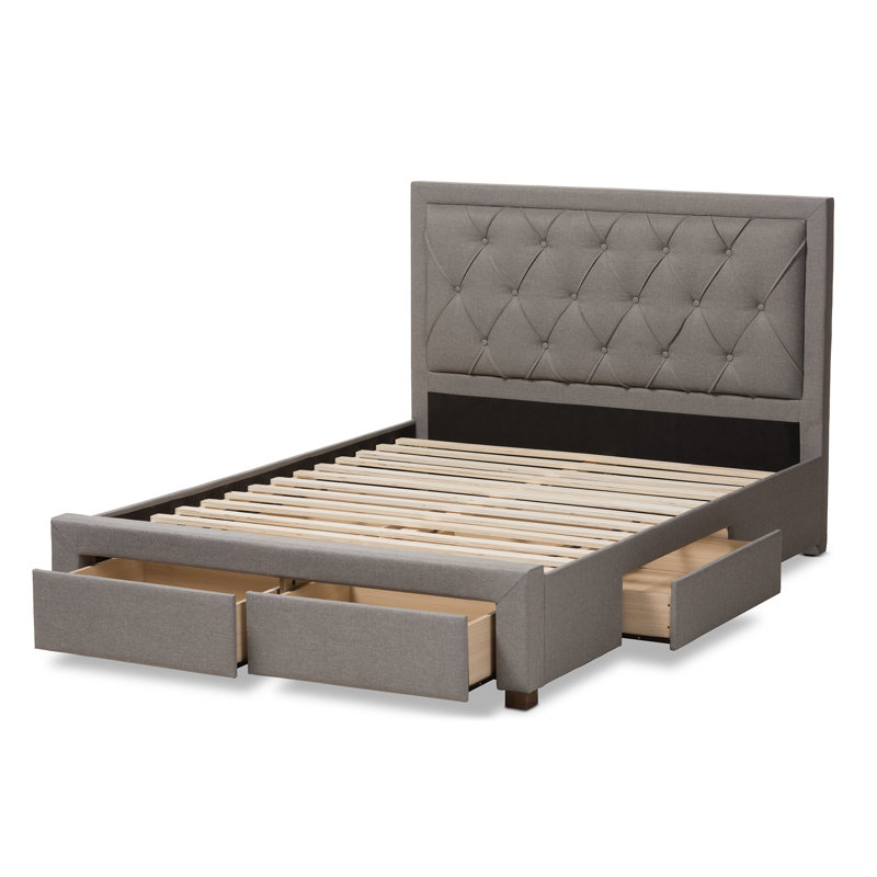 Gray Queen Upholstered Platform Storage Bed with Tufted Headboard