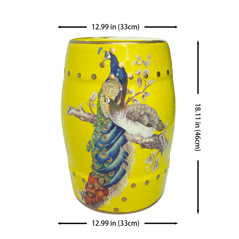 Tabouret en céramique fleur et oiseau, Jaune