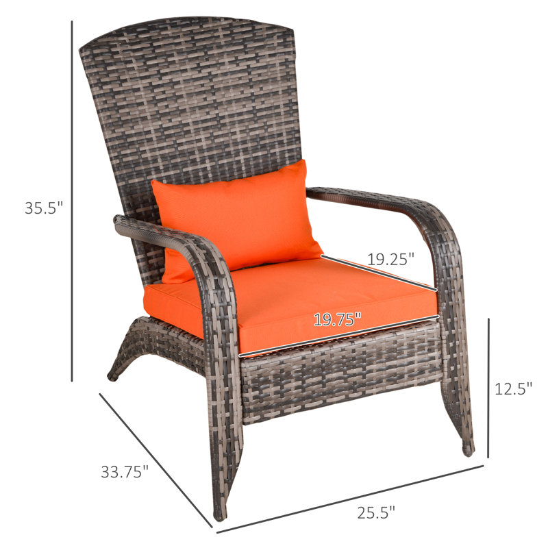 Alaizah Outdoor Rattan Adirondack Deck Chair Armrest Lounge Chair w/ Cushion, Gray, Gray/Orange