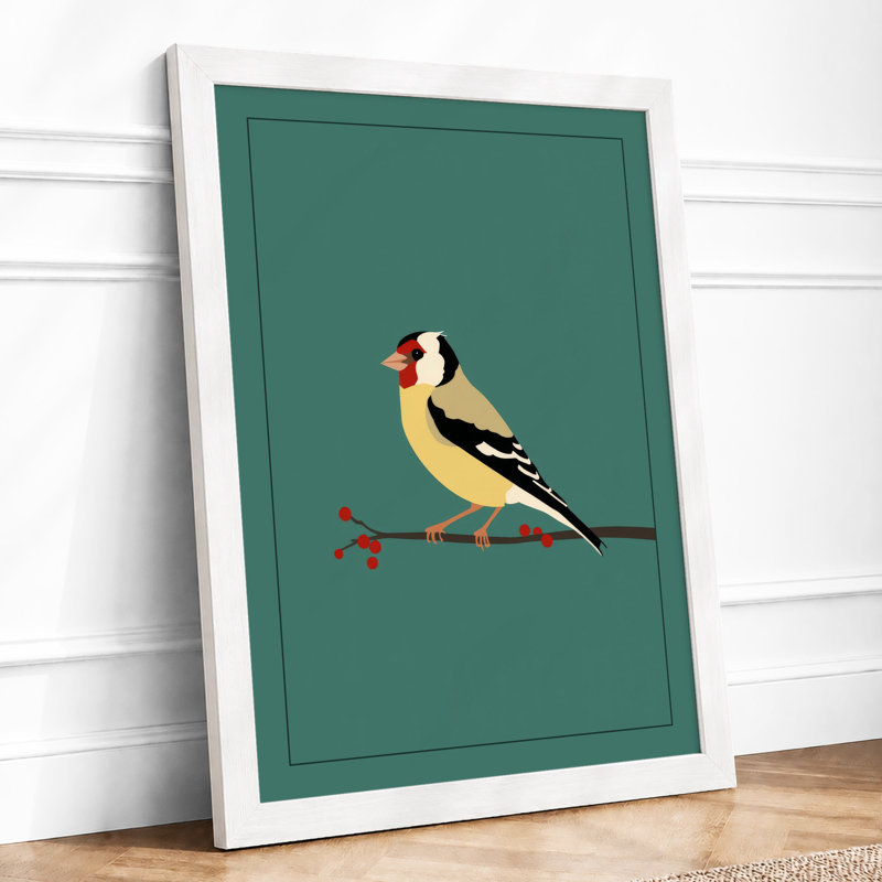 Bird on Branch Mid-Century - Framed Print, A2 - 59.4 x 42.0 cm, White