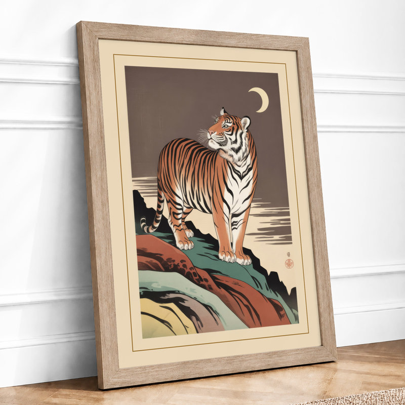 Tiger at Moonrise Japandi - Framed Print, A2 - 59.4 x 42.0 cm, Oak