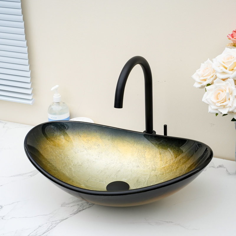 21.25" L Oval Glass Bathroom Sink Vessel Sink With Pop-Up Drain, Black/Gold