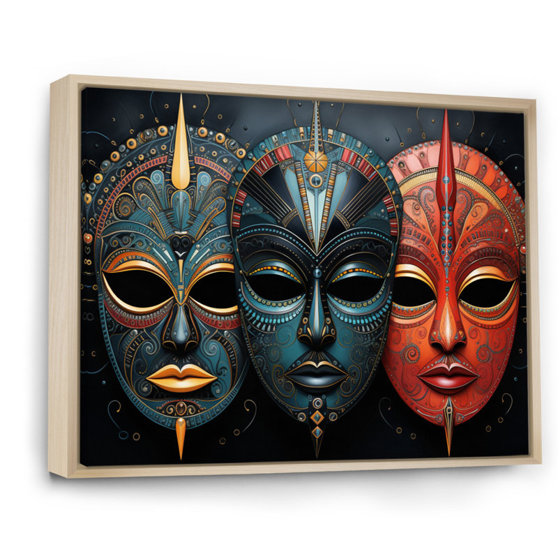 Red African Masks III - Masque africain, art mural, H 30 po x l 40 po, Reproduction avec cadre flottant, Érable