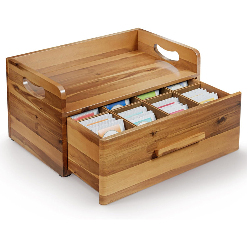 Acacia Wooden Tea Box Organizer with Drawer Solid Acacia Wood, Holds up to 100 tea bags, Non-slip, Smooth-Glide Minimalist Pulls