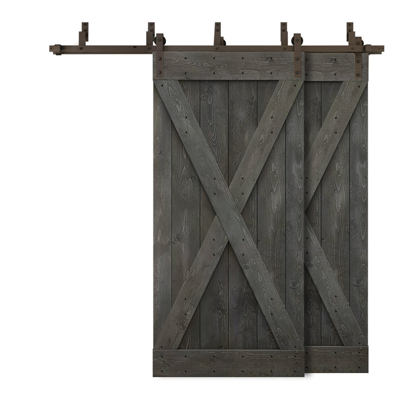 Porte de grange double à panneaux en bois teinté à panneau avec ensemble de quincaillerie coulissante, Gris carbone