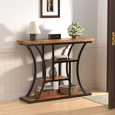Console Table With Curved Frames And 3 Open Shelves, For Hallway Entryway Living Room, Rustic Brown + Black, 41.3 X 11.8 X 31.5 Inches