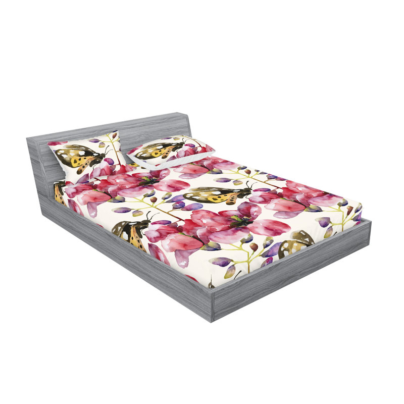 Ambesonne Fitted Sheet & Sham Spring Violets Moth Art Pale Earth Yellow and Ruby