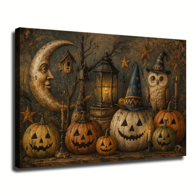 Art mural rétro sur toile avec un croissant de lune, un hibou au chapeau de sorcière, des citrouilles et une lanterne antique