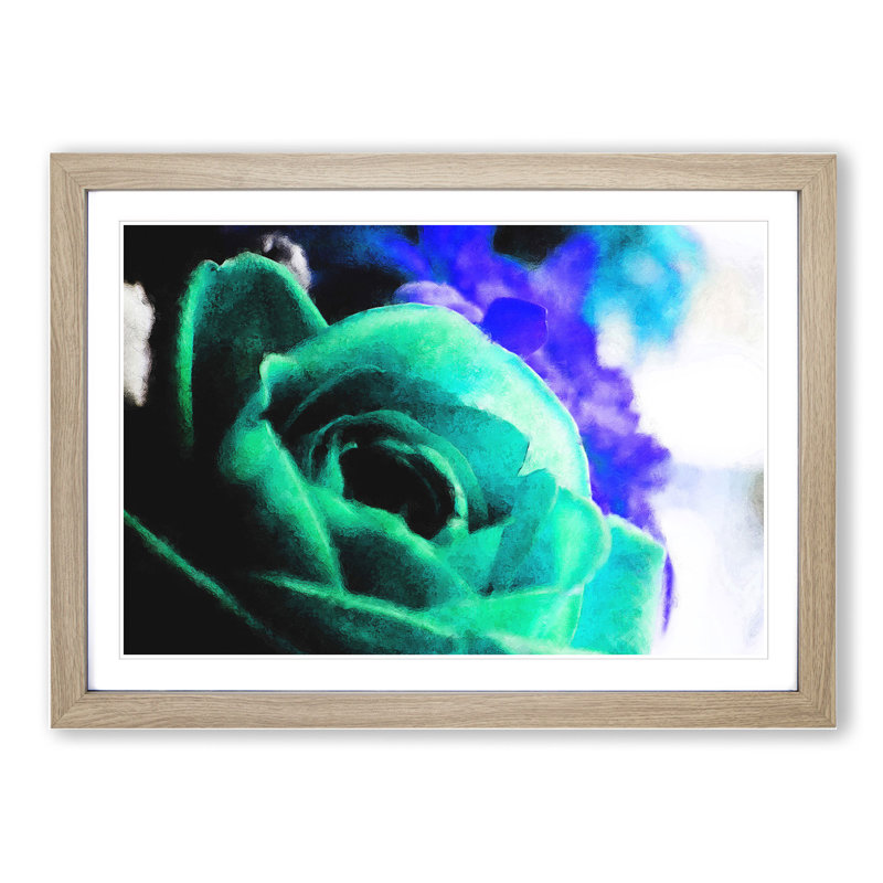 Teal Rose Flower - Picture Frame Graphic Art, 27cm H x 36cm W x 2cm D, Oak