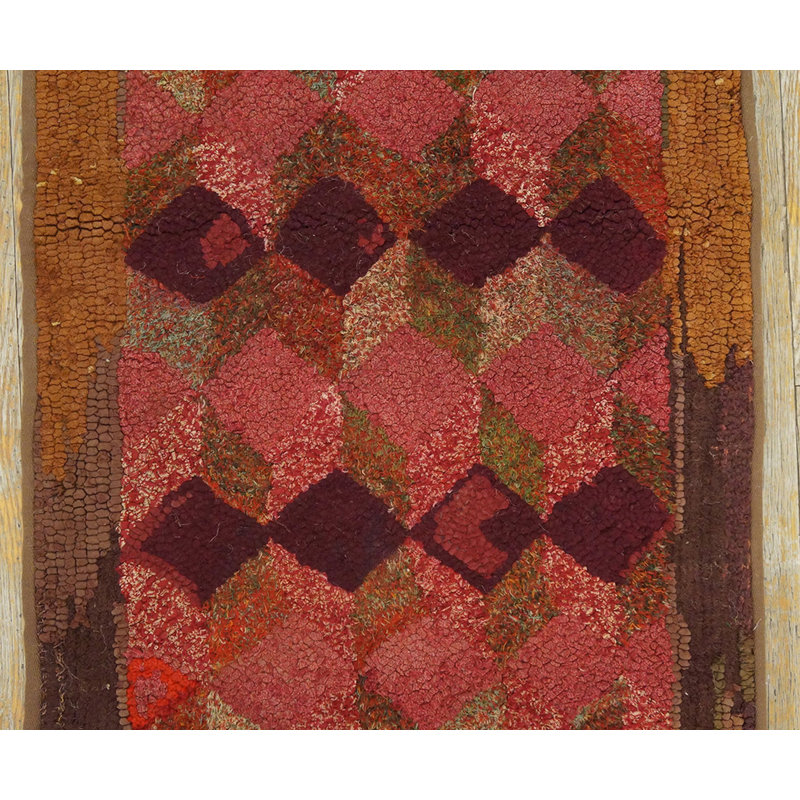 Antique American Geometric Layered Cube Pattern Hallway Runner Folk Art Rug