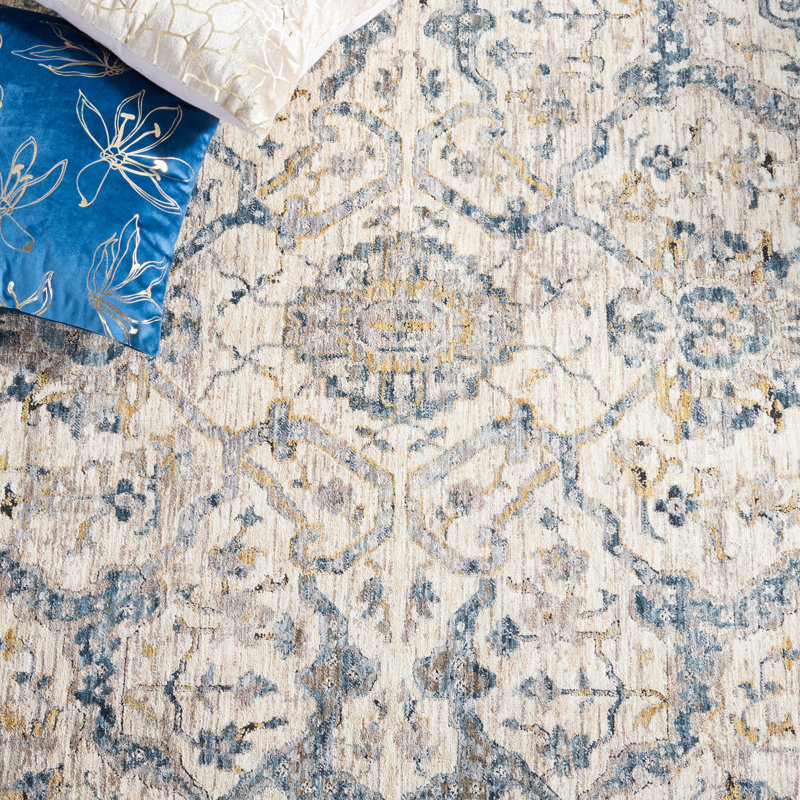 Tapis oriental ivoire / bleu / jaune, Rectangle 8 pi x 10 pi