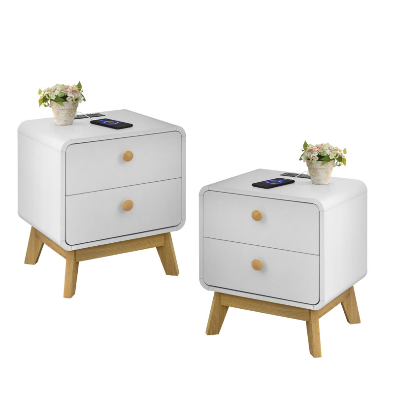Hach Set Of 2 Wood Nightstands, 2 Drawer Bedside Tables With Storage, Night Stands For Bedroom, End Table Or Side Table For Living Room, 15.5" X 18.9" X 21.7", White