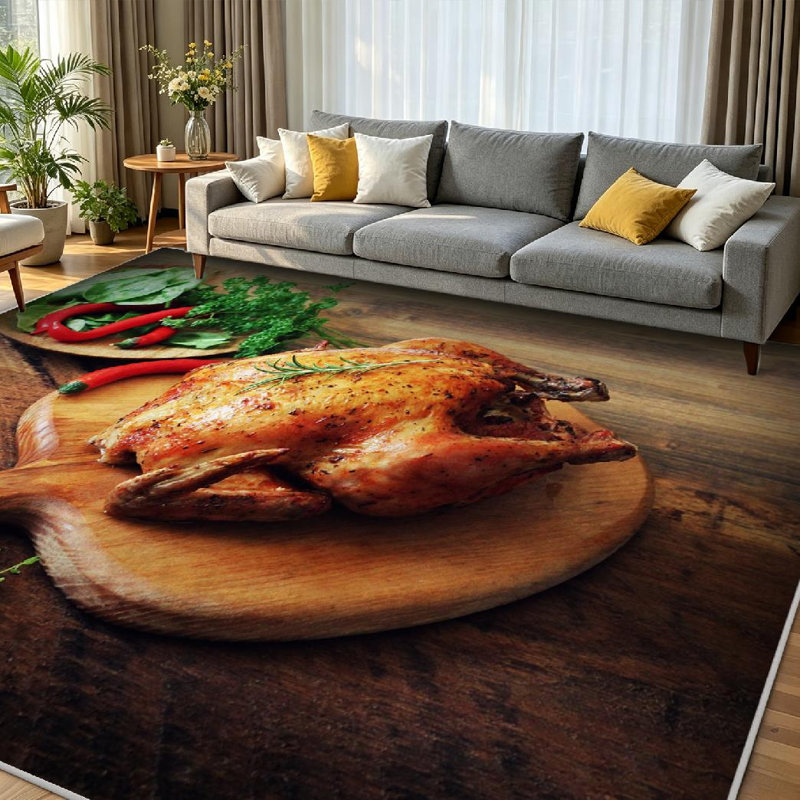 Tapis d'intérieur brun lavable à la machine, motif découpé de poulet rôti entier, Rectangle 71 po x 98 po