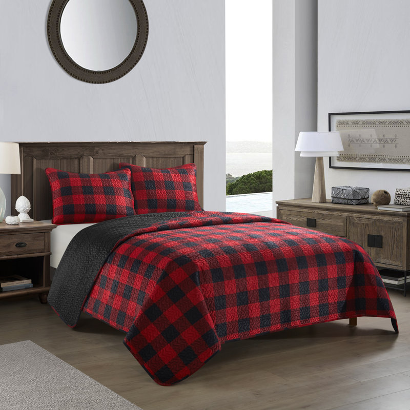 Dearfoams Polyester Plaid Quilt, Red/Black, King Quilt + 2 Shams