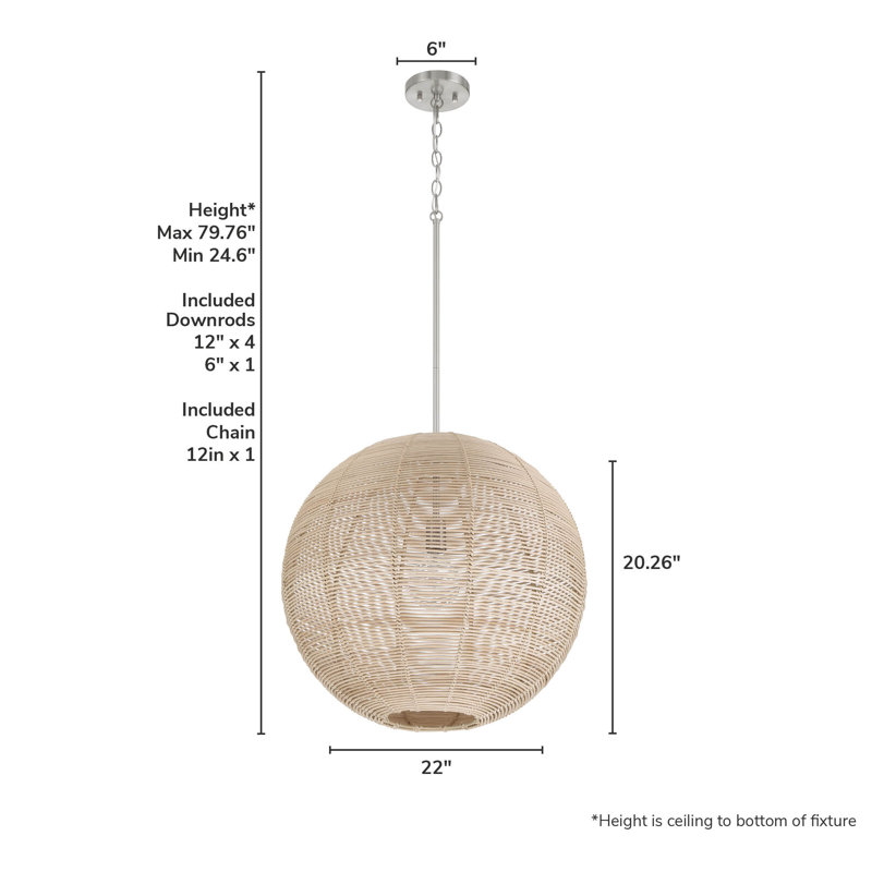 Large Brushed Nickel Globe Pendant Light with Rattan Shade