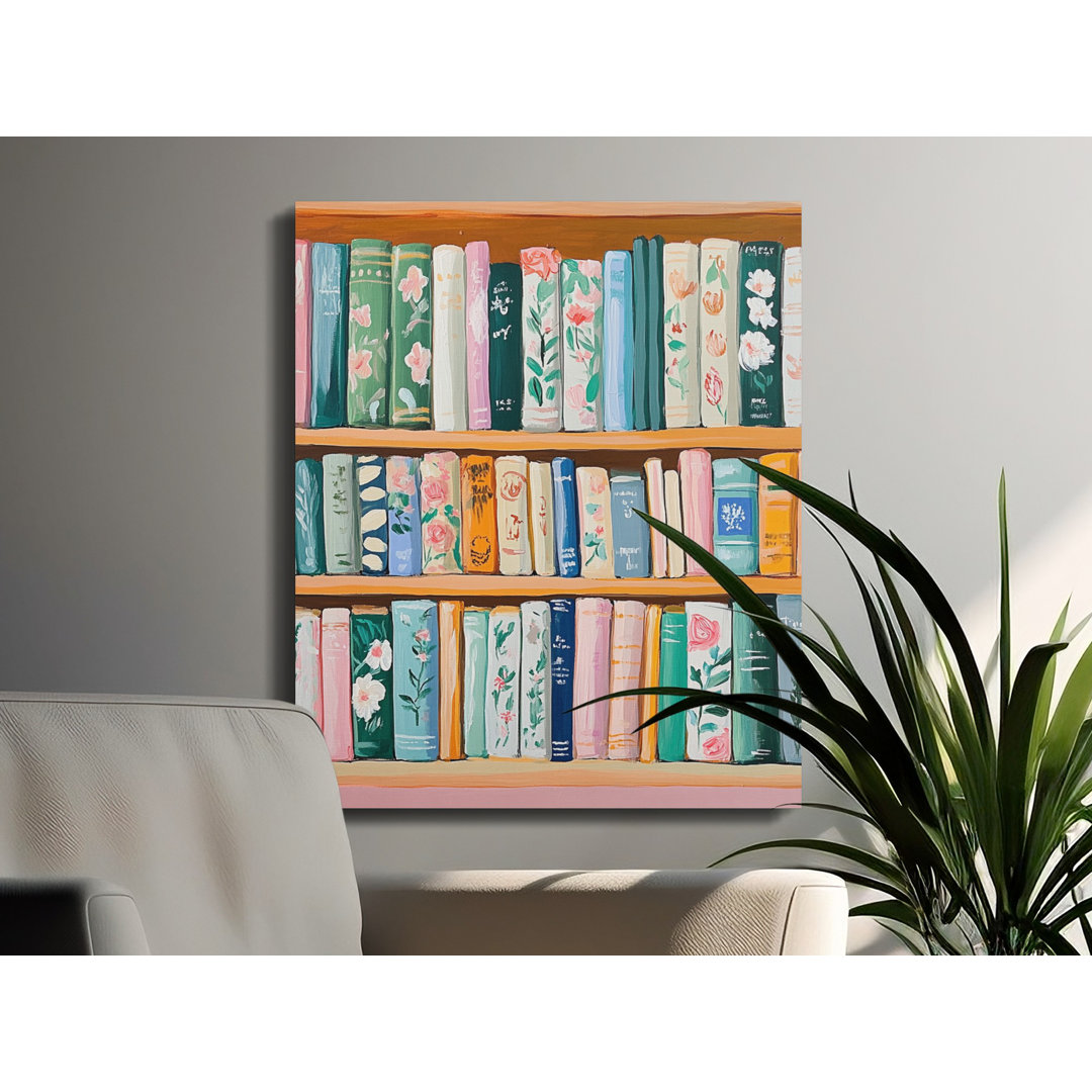 Floral Bookshelf Canvas Wall Art, Gallery Wrapped Print, Ready to Hang, Archival Quality, Modern Home Decor, Statement Piece