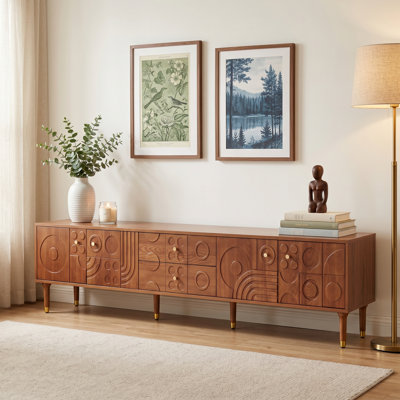 Mid-Century Tv Stand With Artistic Carved Doors, Modern Tv Console With 4 Cabinet Storage, Retro Media Console For 50-100 Inch Tv, Walnut, 94.5In