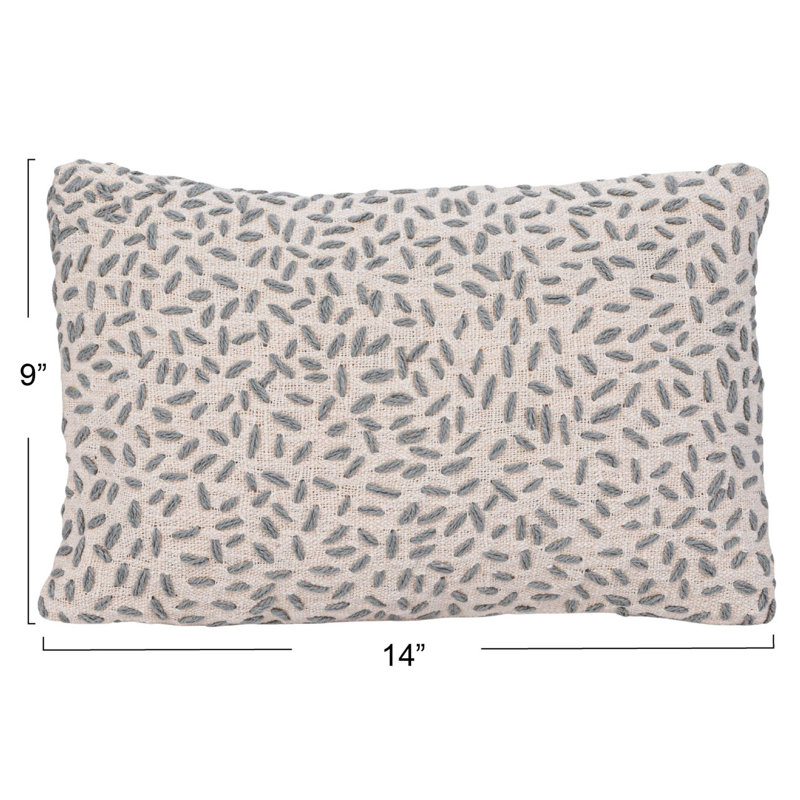 Natural and Green Hand-Embroidered Cotton Kantha Lumbar Pillow