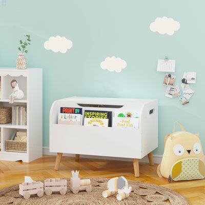 Boîte à jouets en bois, organisateur de rangement de jouets pour enfants avec bibliothèque avant, couvercle rabattable, charnière de sécurité, banc de coffre à jouets pour l'organisation de la salle de jeux