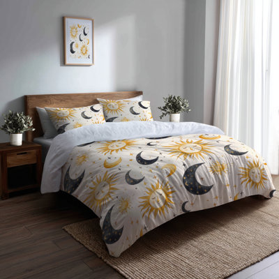 Ensemble de literie 3 pièces Boho - Ensemble de housse de couette et coussin décoratif Starburst Sun Moon