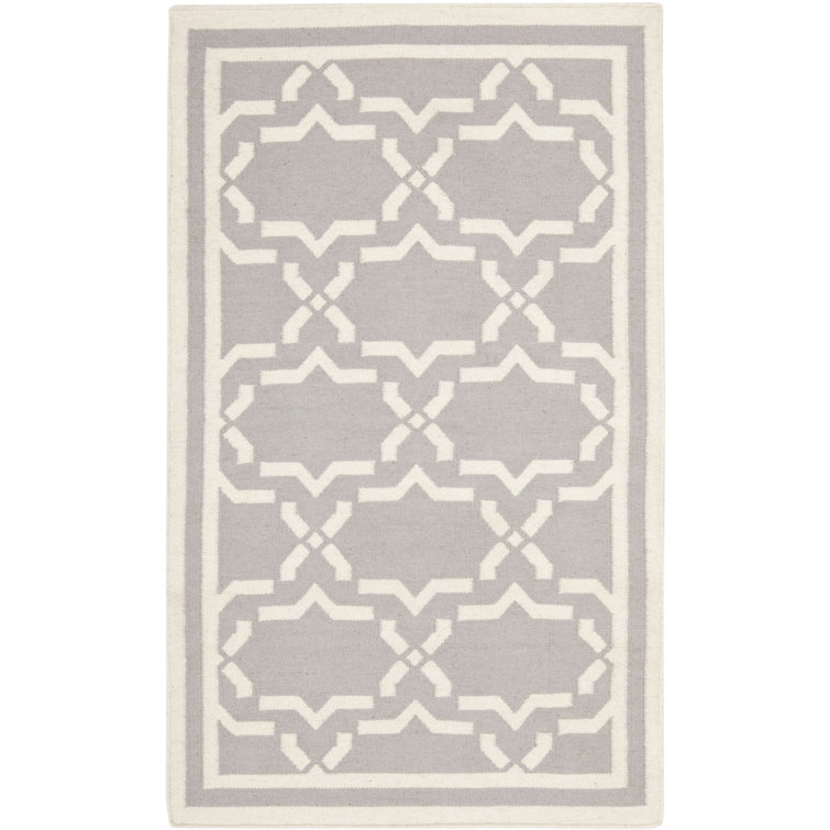 Rodgers Hand Woven Flat Weave Wool/Cotton Geometric Rug in Gray/Ivory