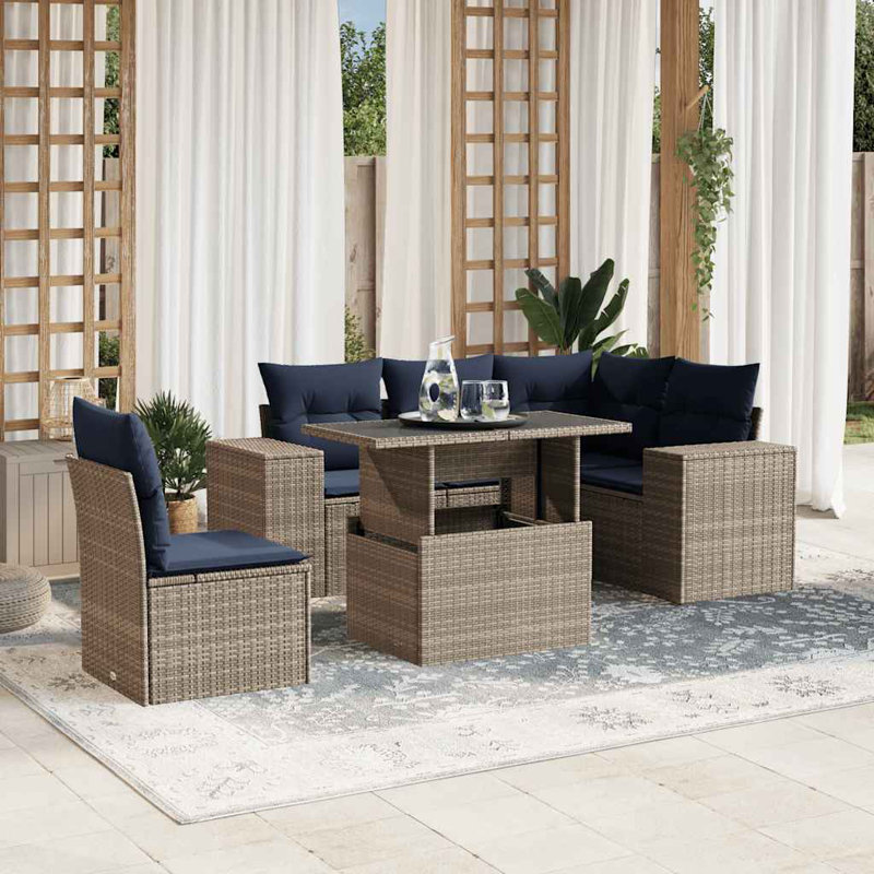 6 Piece Patio Sofa Set With Cushions Poly Rattan, Grey, Navy