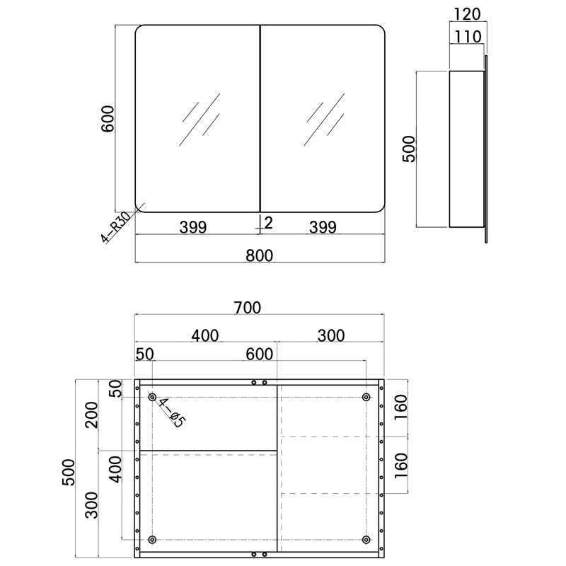 70mm W 60mm H Medicine Cabinet Mirror 3 Adjustable