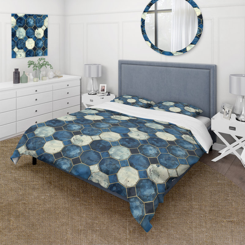 Ensemble de housse de couette bleu beige Midcentury Hexagon Print II - Midcentury