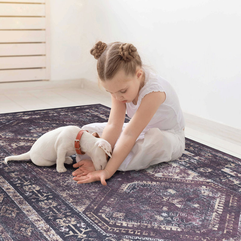 Low-pile Machine Washable Area Rugs 2x3, Non-slip, Allergy-, & Pet , For Bedroom, Living Room, Dining Room - Black+burgundy Low-pile, Fatigue, Kitchen,