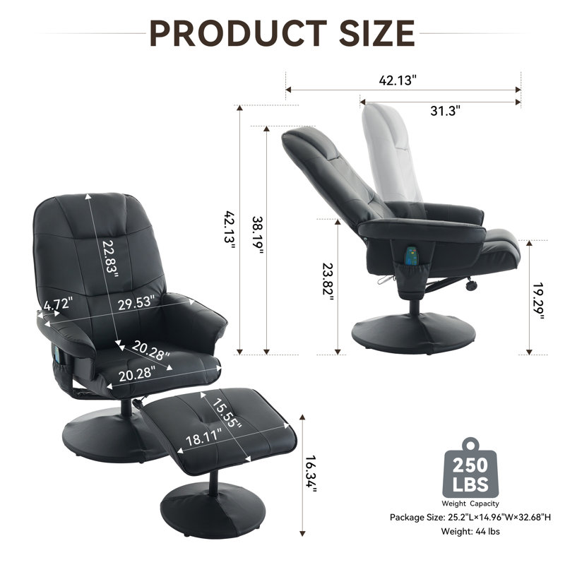 Massage Recliner Chair With Ottoman, 360° Swivel Pu Leather Reclining Chair With Wrapped Base, 5 Point Vibration Massage, Seat Heating And 140° Adjustable Backrest For Home Or Office
