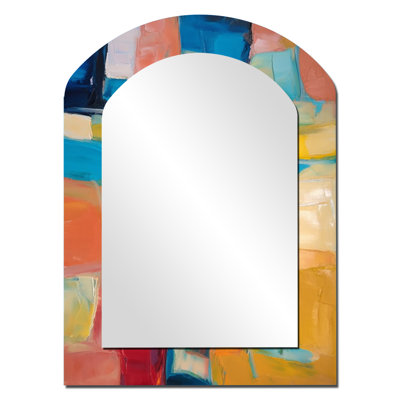 Vibrant cubiste Colourfields - miroir décoratif asymétrique à collages abstraits, grand miroir mural arqué moderne, impression sur métal