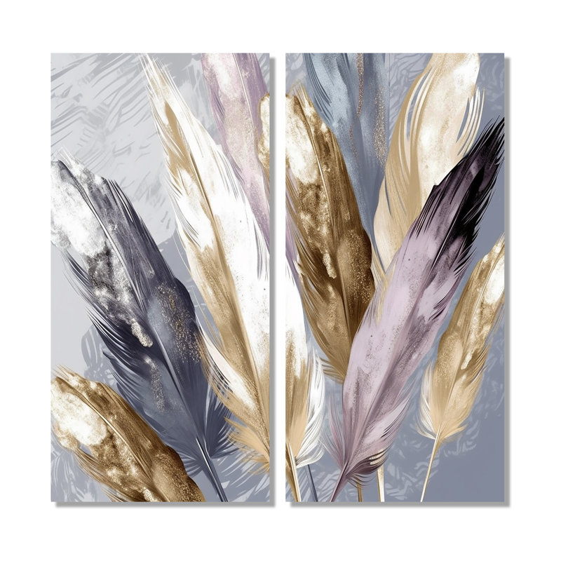 Plume mauve Boho Majesty - art mural moderne 2 panneaux, Toile tendue, Ne s’applique pas, H 20 po x l 24 po
