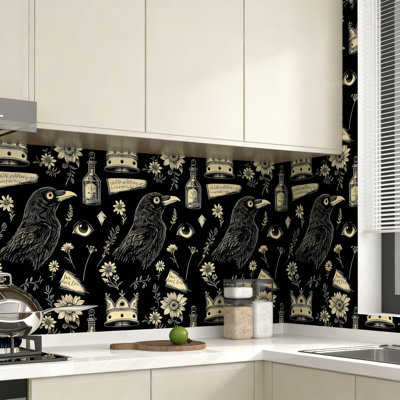 Gothic Raven Peel And Stick Wallpaper - Vintage Dark Blue Magic Symbol Self-Adhesive Vinyl Contact Paper, Waterproof Removable For Kitchen Bathroom Cabinets Shelves Drawers Table Decor