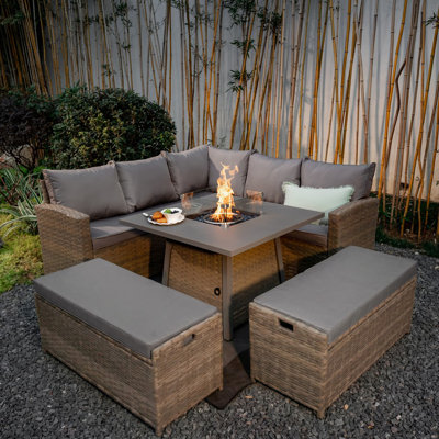 Rosen 9 Seaters Corner Sofa Cube Fire-Pit Dinning Table With Storage Benches