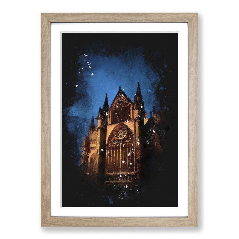 Lincoln Cathedral In England Paint Splash - Picture Frame Graphic Art on MDF, 87cm H x 62cm W x 2cm D, Oak Framed