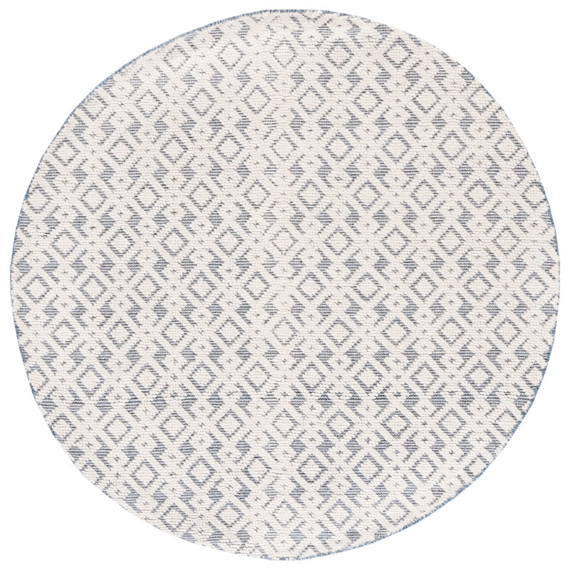 Vermont Hand Woven Wool/Cotton Geometric Rug in Ivory/Blue, Round 6'