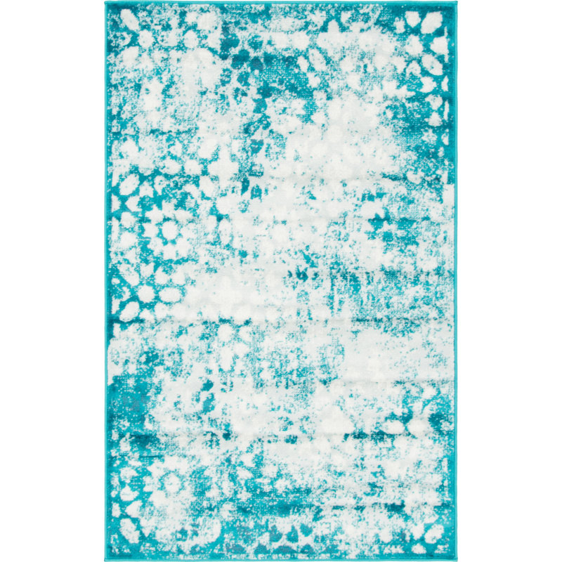 Brandt Floral Area Rug, Rectangle 3'3" x 5'3", Turquoise/White