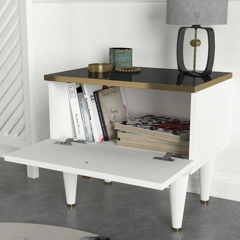Table de chevet 1 tiroir Erick en blanc / noir / or