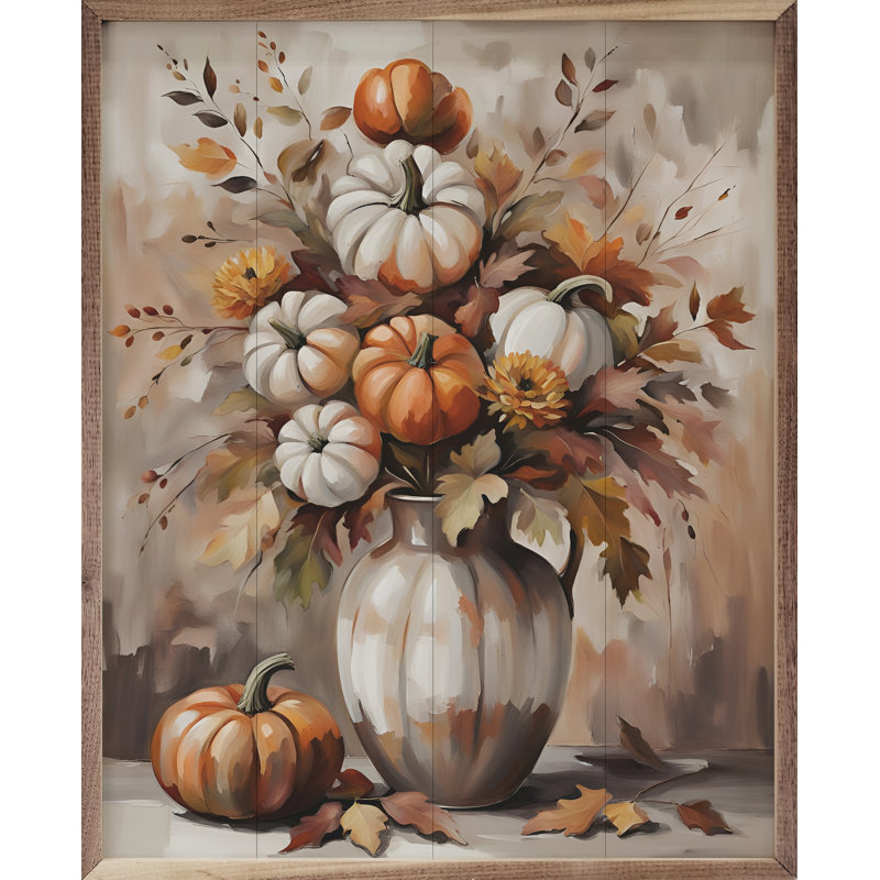 Bouquet de citrouilles encadré sur bois, H 10 po x l 8 po
