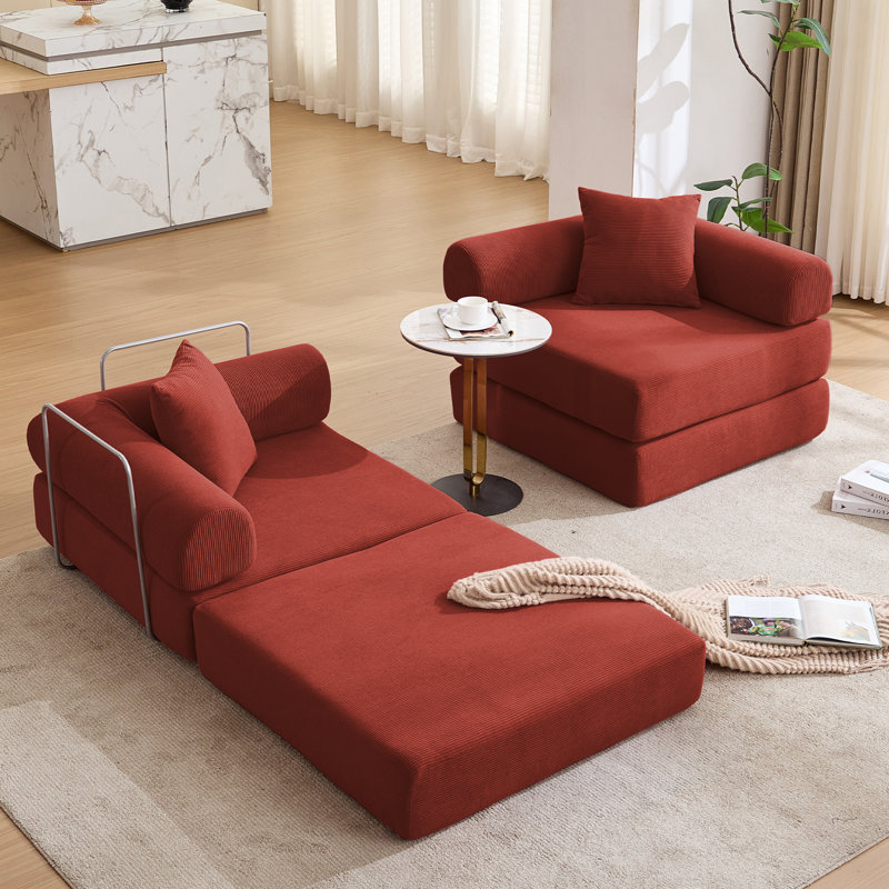 Canapé-lit modulaire pour appartement, canapé-lit convertible avec structure fixe et accoudoirs amovibles, matelas pliant pour petits espaces, sans assemblage, velours côtelé, rouge Ancora