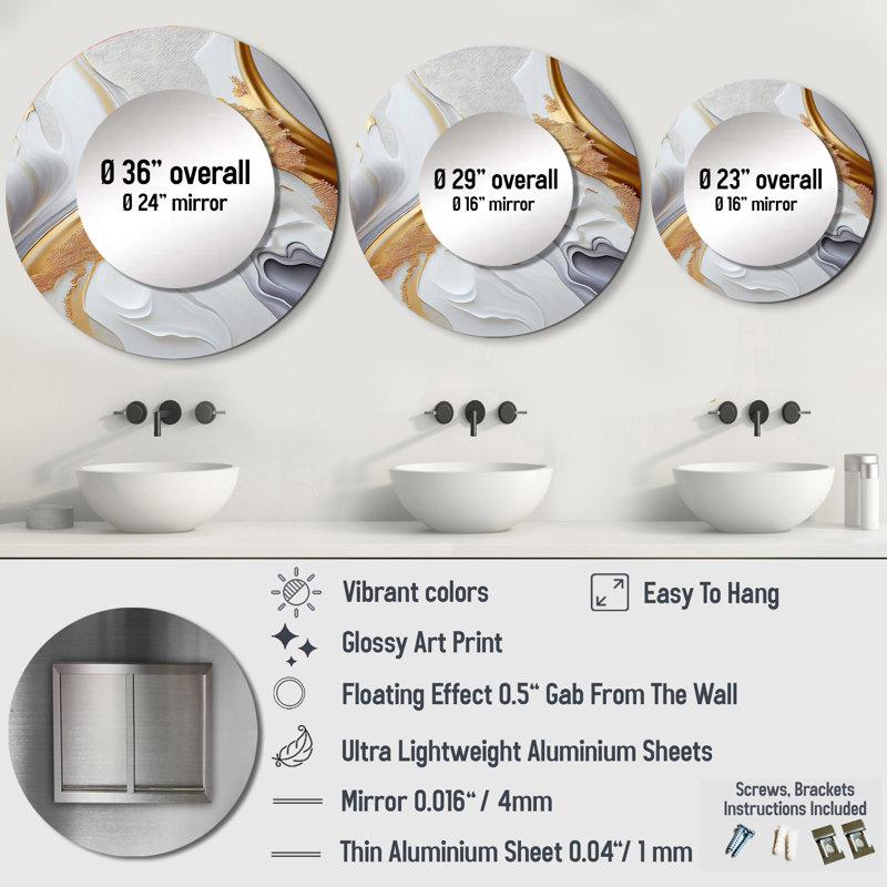 Pachston White And Gold Marble Abstract I - Marble Large Mirror, Modern Round Unique Wall Mirror Decor, Printed Metal Art