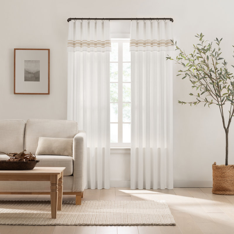 Mercantile Drop Cloth Stripe Curtain Panel, Light Filtering Ring and Tab Top with Attached Valance, 63 in Long x 50 in Wide, Farmhouse Single Window Panel, Bedroom, Living Room and Dining Room, Linen Stripe