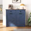 Armoire à ordures inclinable bleue 20 gallons, espace caché pour la cuisine, porte de grange avec 2 tiroirs, stable, matériau d'ingénierie en bois recyclé permettant d'économiser de l'espace, poignées en métal élégantes
