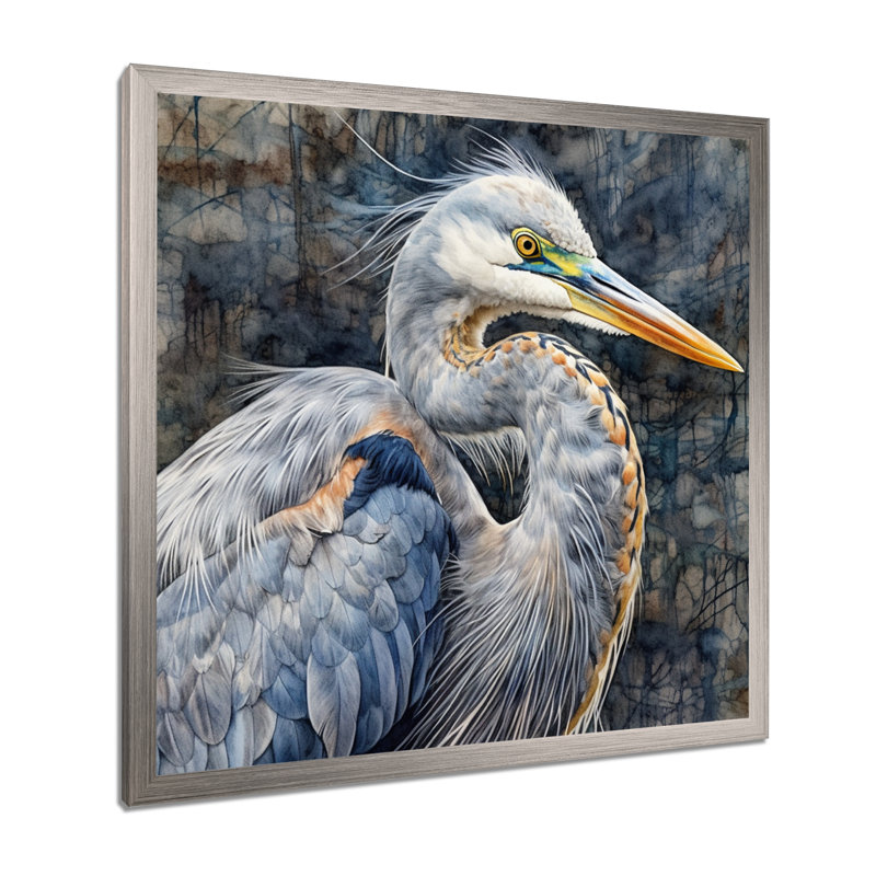 Heron Waterbird I - Heron, art mural, H 30 po x l 30 po x P 1 po, Cadre simple argenté