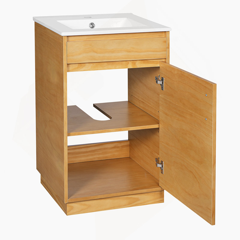 Meuble-lavabo autoportant de 20 pouces avec lavabo en céramique, porte à fermeture douce, tablette réglable, style maison de campagne pour une salle de bain chaleureuse et fonctionnelle